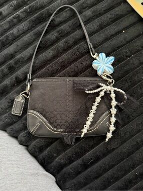 Coach Black Mini Wristlet with Pearl Bow and Blue Flower Charm